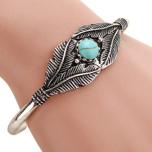 Bracelet Leaf Feather Turquoise Silver Plated Cuff