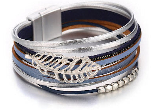 bracelet multi layered leather grey and blue