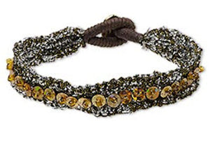 Bracelet Polyester and Waxed Cotton Cord with Sequins and Button Clasp
