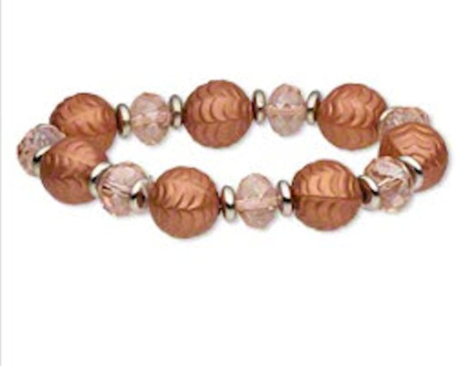 Stretch Bracelet with Acrylic Glass and Silver Coated Plastic in Dark Peach