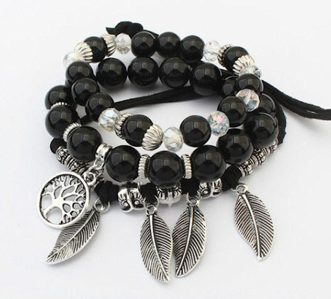 bracelet stretch leaf tree of life black