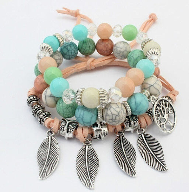 Tree of Life Boho Leaf Stretch Bracelet Set