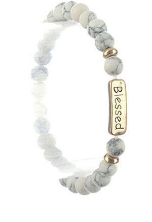 Bracelet Stretch Inspiration Blessed Message Metal Plate Natural Stone