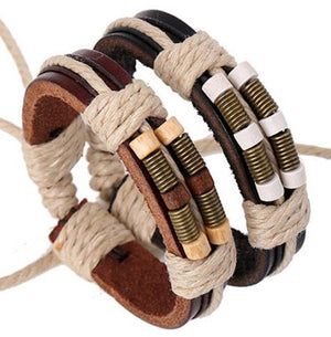 Adjustable bronze spring wood beads weave leather unisex bracelet