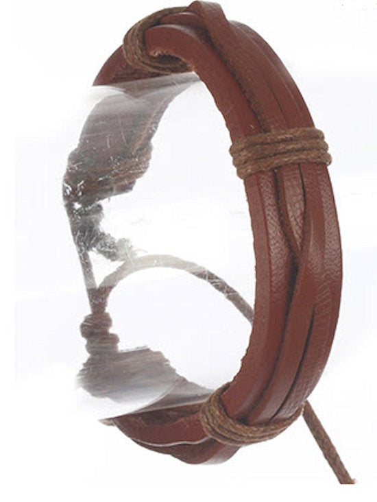 Adjustable light brown leather band criss cross cord unisex bracelet
