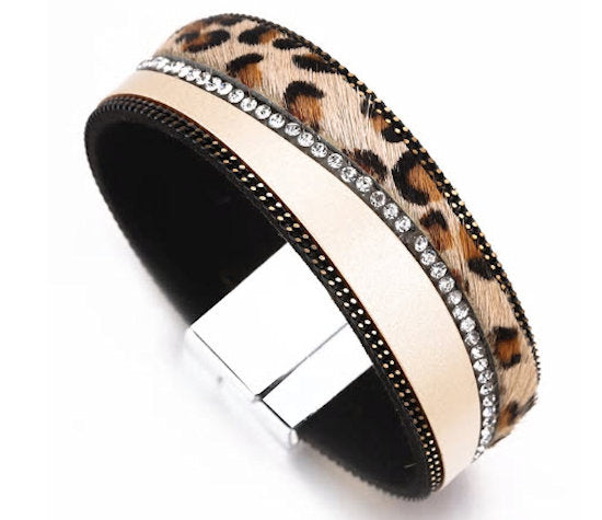 Leopard, leather and Rhinestone Bracelet