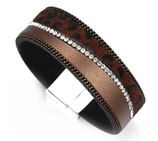 Leopard, leather and Rhinestone Bracelet