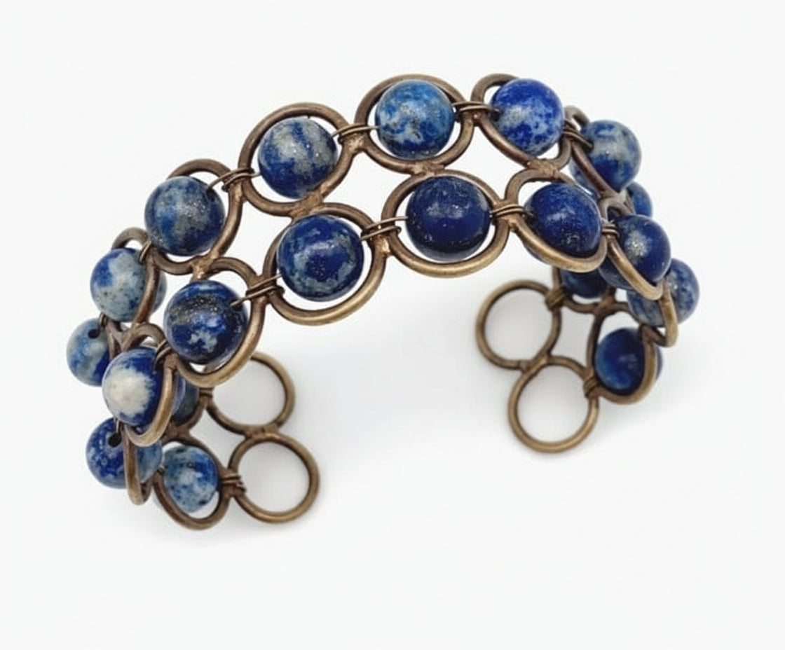 Lapis Cuff Bracelet Wire Wrapped Antique Brass