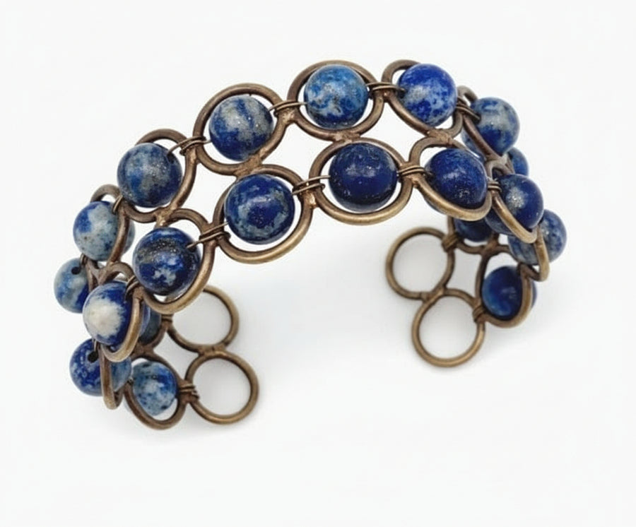 Lapis Cuff Bracelet Wire Wrapped Antique Brass