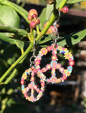Colorful flowers in Peace sign earrings