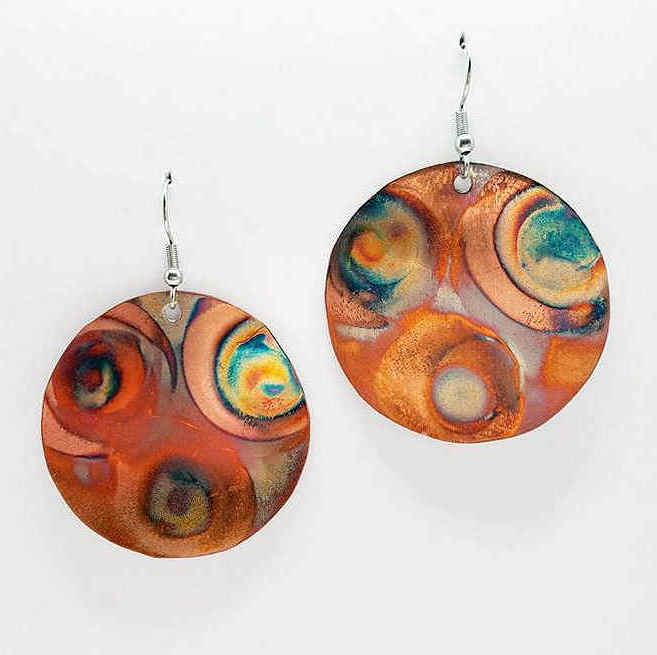 Flame Painted Circle Copper Earrings