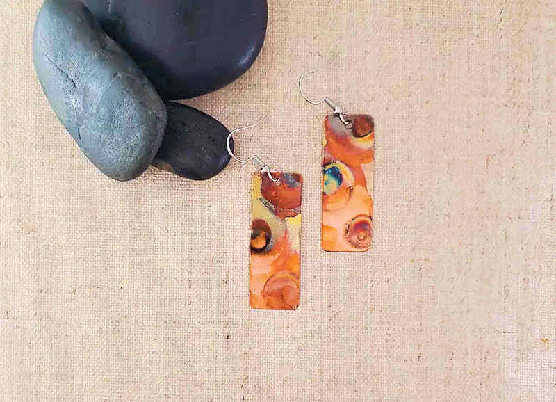 Flame Paint Copper Rectangle Earrings