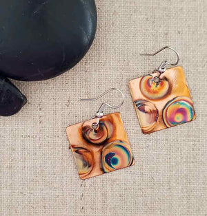 Square Earrings Flame Painted Copper