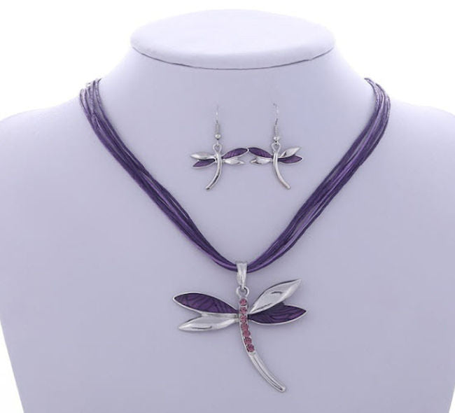 Dragonfly Purple Rhinestone Pendant Necklace and Drop Earrings Set