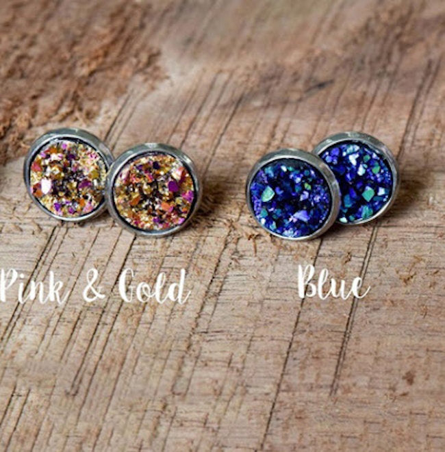 Bezel Set Round Druzy Color Stud Earrings