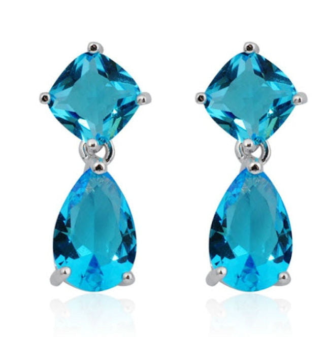 Blue Crystal Stud Drop Dangle .925 Sterling Silver Earring