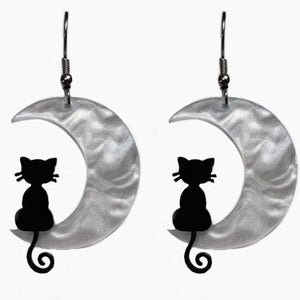 Black Cat on Pearl Moon Earrings