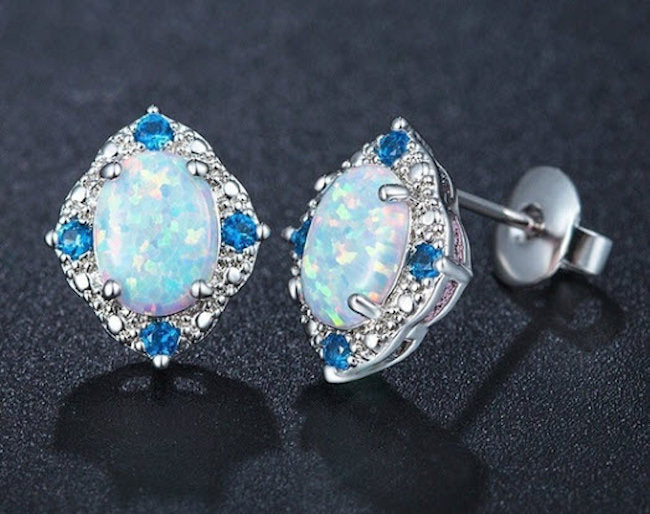 Sterling Silver Opal Crystal Stud