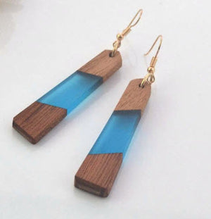 Blue resin and wood earrings