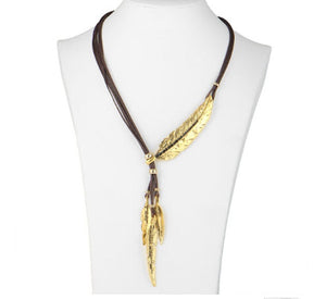Feather and Leaves Leather Cord Necklace