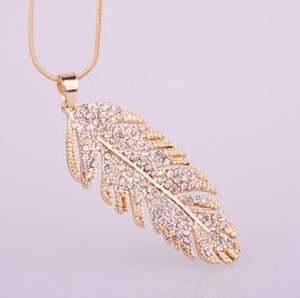Gold Feather Rhinestone Pendant Necklace