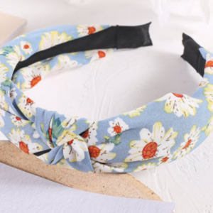 Pale blue with white flower knotted fabric headband hair accessory