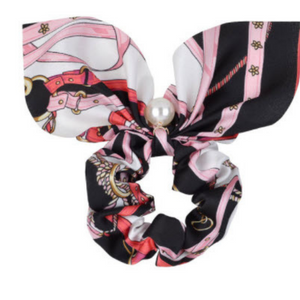 Black, pink and white with pearl scarf scrunchie hair accessory
