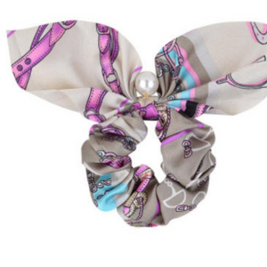 Gray, purple and white scarf scrunchie hair accessory