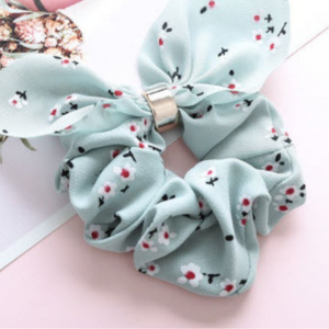 Seafoam Green with Little white flower scarf scrunchie hair accessory