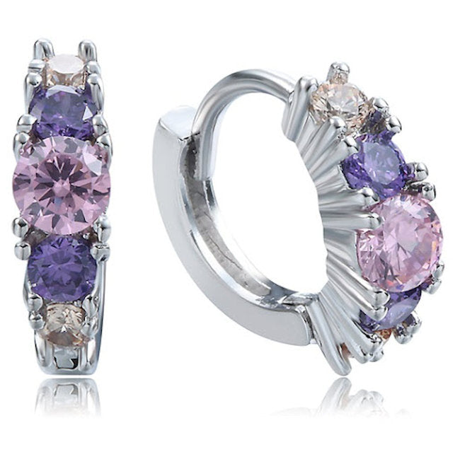 Purple Pink and White Crystal .925 Sterling Silver Hoop Earrings