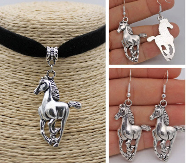 Horse Velvet Adjustable Choker and Earrings Set
