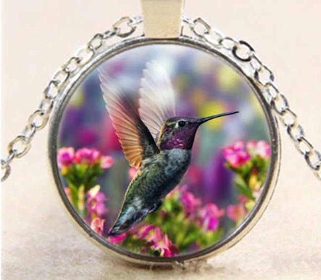 Hummingbird and Flower Cabochon Pendant Necklace