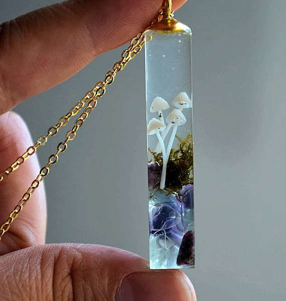 3-D forest Scene with Mushrooms Necklace