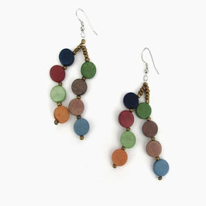 Earrings Two Strands Small Wooden Beads in Brick Red, Wheat, Moody Blue, Honey and Deep Indigo Blue, spaced with tiny gold-plated beads with stainless steel fishhooks