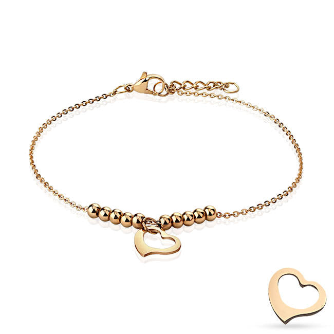 Anklet - Dangling Heart and Multi Beads Chain Rose Gold Stainless Steel 