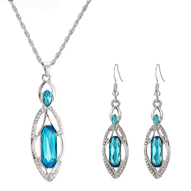 Sea Blue Crystal Necklace and Earring Set