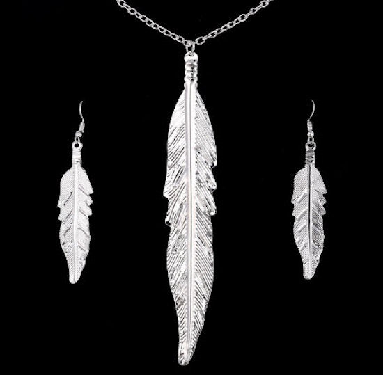 jewelry set silver long feather