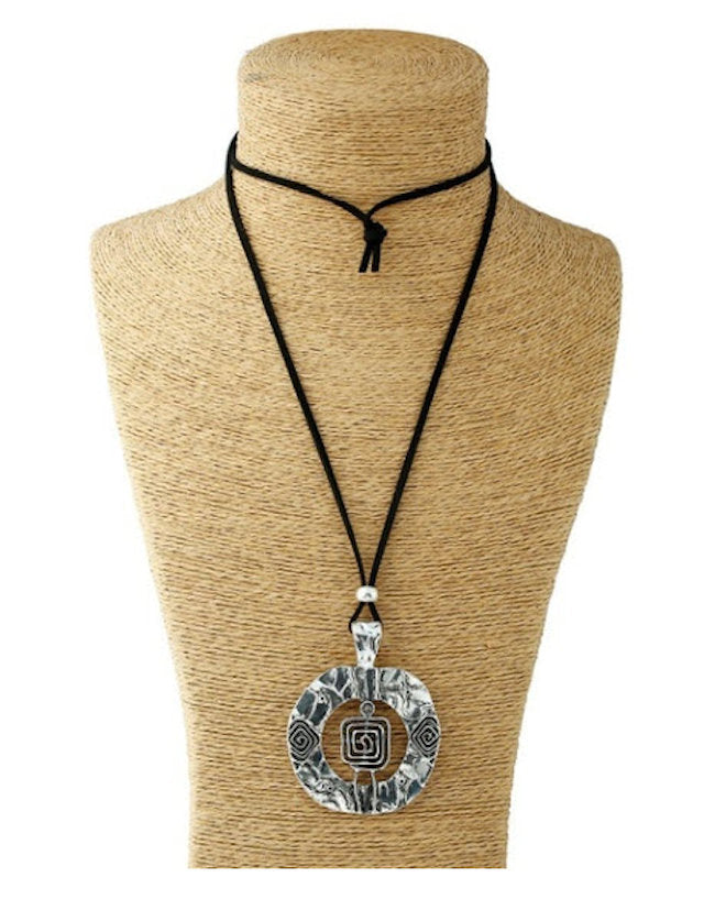 Silver Circle and Square with Black Cord Adjustable Necklace