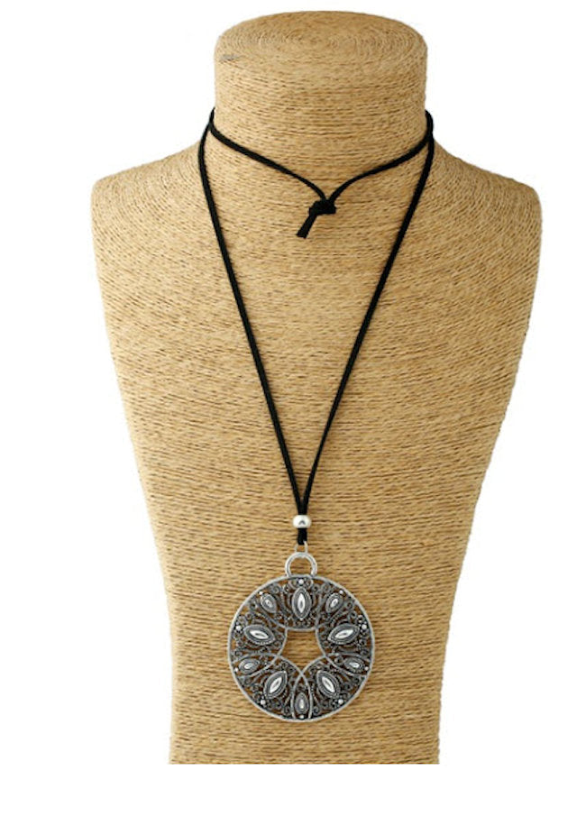 Silver Circle with Teardrops on Black Cord Necklace