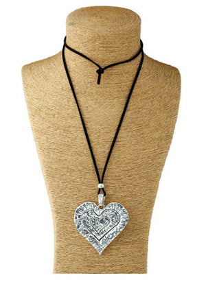 Silver Crooked Heart on Adjustable Black Cord Necklace
