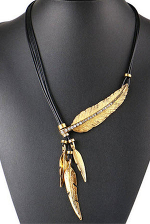 Gold Feather with Rhinestones on Adjustable Cord Necklace