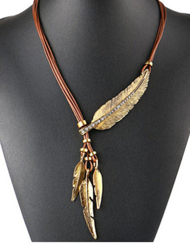 Gold Feather with Rhinestones on Adjustable Cord Necklace