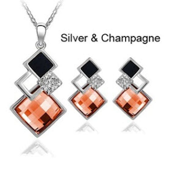 necklace set square crystal blue