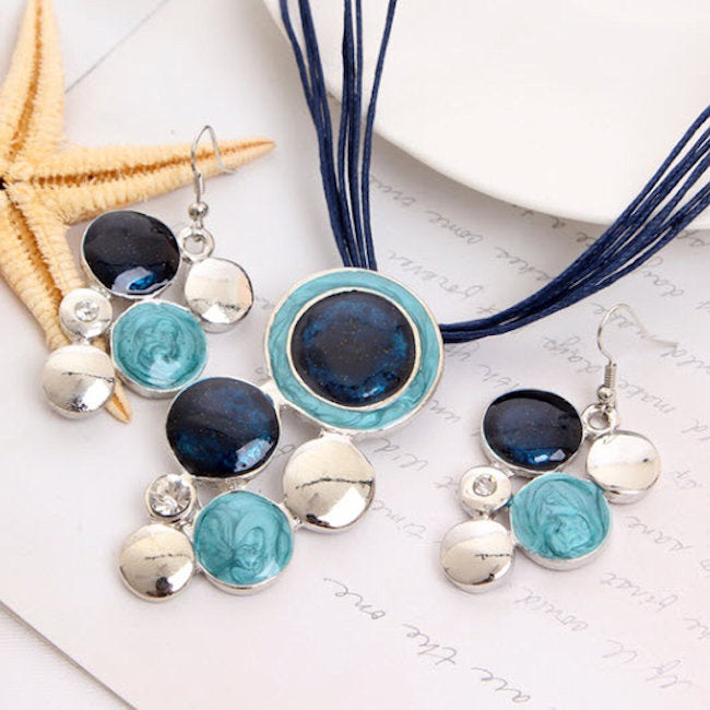 Blue Multi Leather Cord Adjustable Necklace and Earring Set