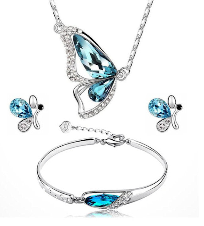 Crystal Butterfly Necklace Earring and Bracelet Set