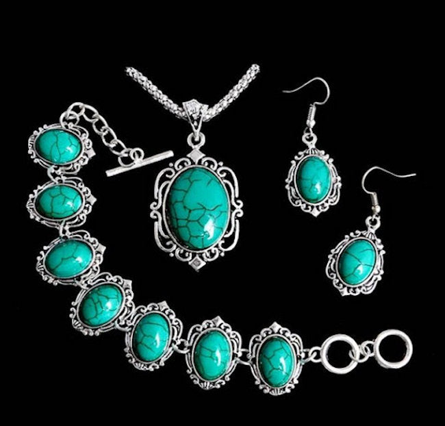 Adjustable Vintage Tibet Silver and Faux Turquoise Necklace, Earrings and Bracelet Set