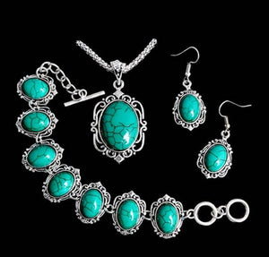 Adjustable Vintage Tibet Silver and Faux Turquoise Necklace, Earrings and Bracelet Set