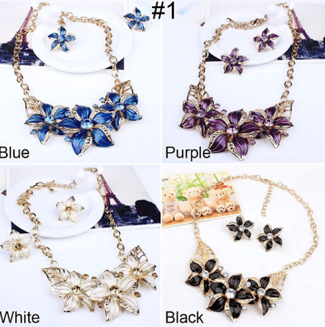  Flower & Leaves Bib Statement Necklace and Earring Set