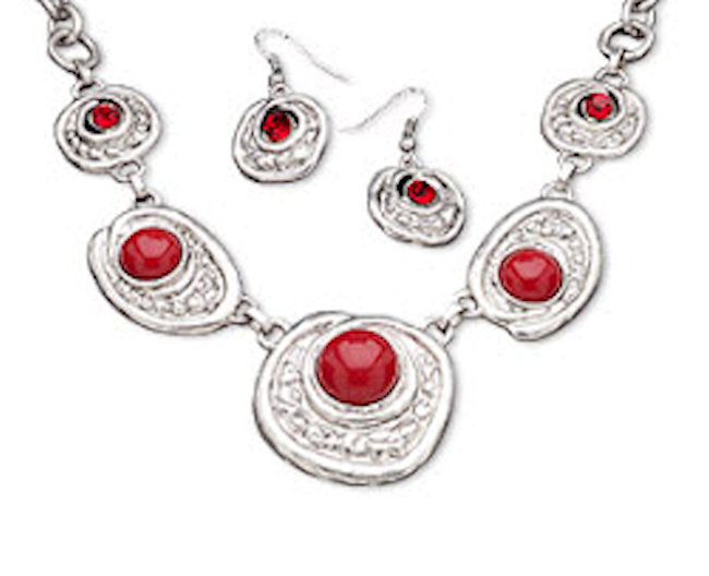 Silver and red necklace and earring set