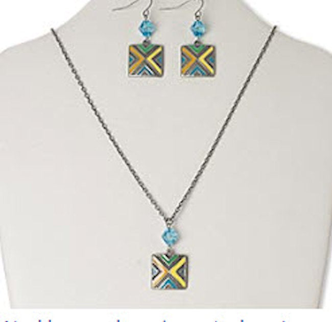 Necklace and Earring Blue and Multi Colored  Square Bead 